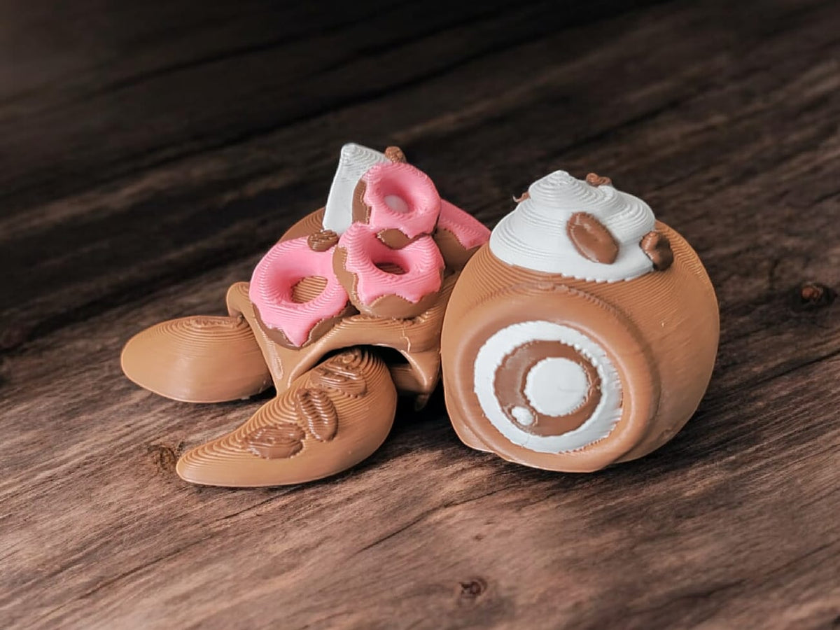 Coffee cup themed articulated turtle with donut shell pattern