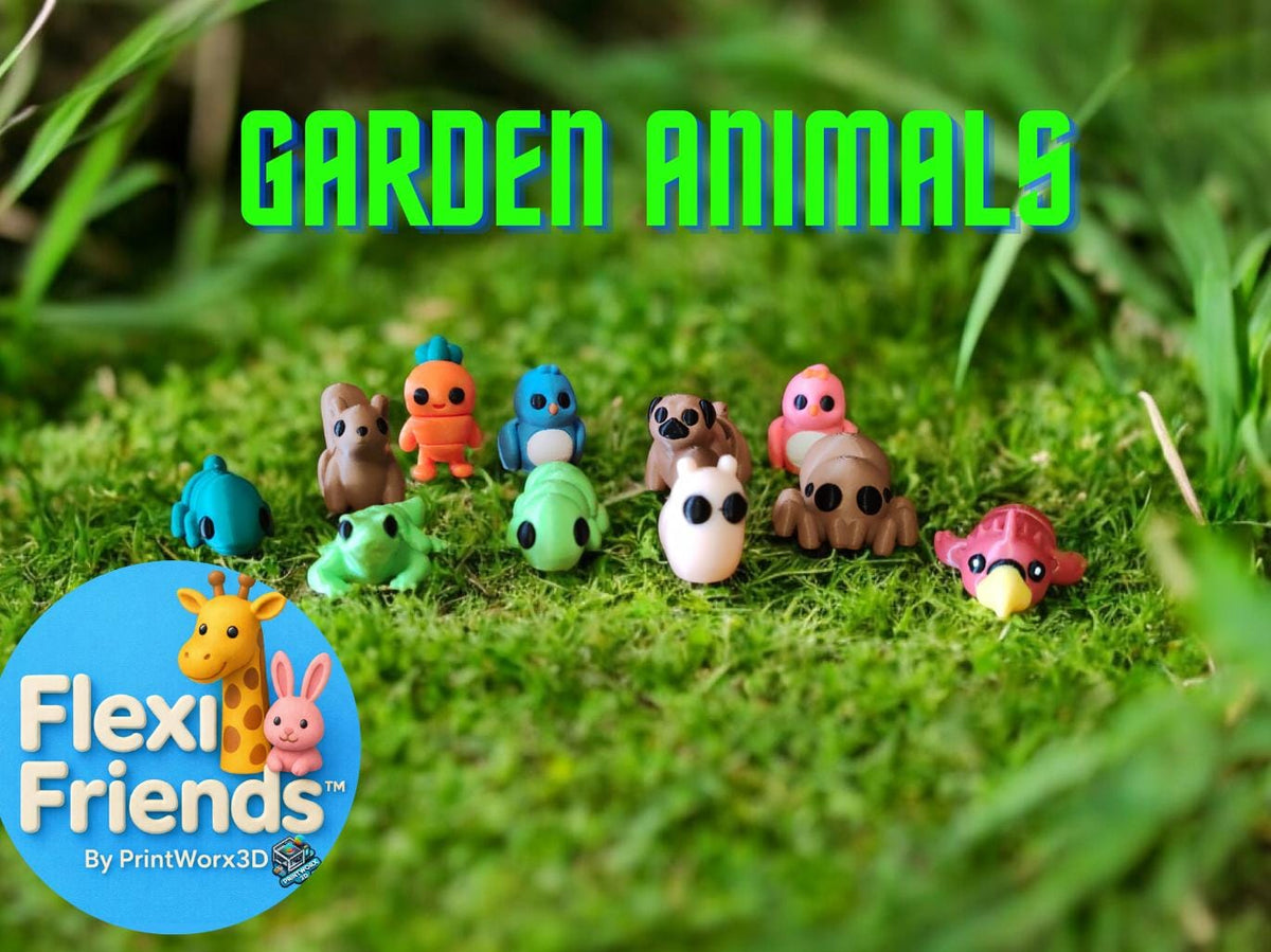 Collection of colorful FlexiFriends garden animal figurines including birds, spider and frog