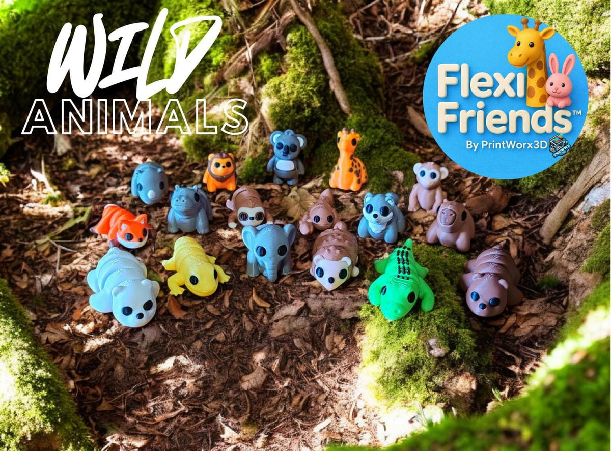 Collection of colorful FlexiFriends wild animal figurines including lion, elephant and giraffe